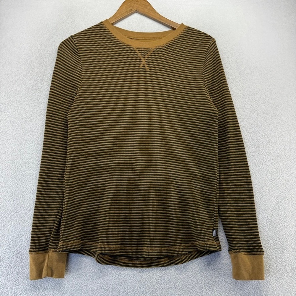 Eddie Bauer Thermal Shirt Women's Medium Brown Black Striped Waffle Knit Layer